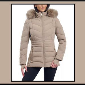 NWT! MICHAEL KORS Women's Faux-Fur-Trim Hooded Puffer Coat/TAUPE/Sz. M/GORGEOUS!